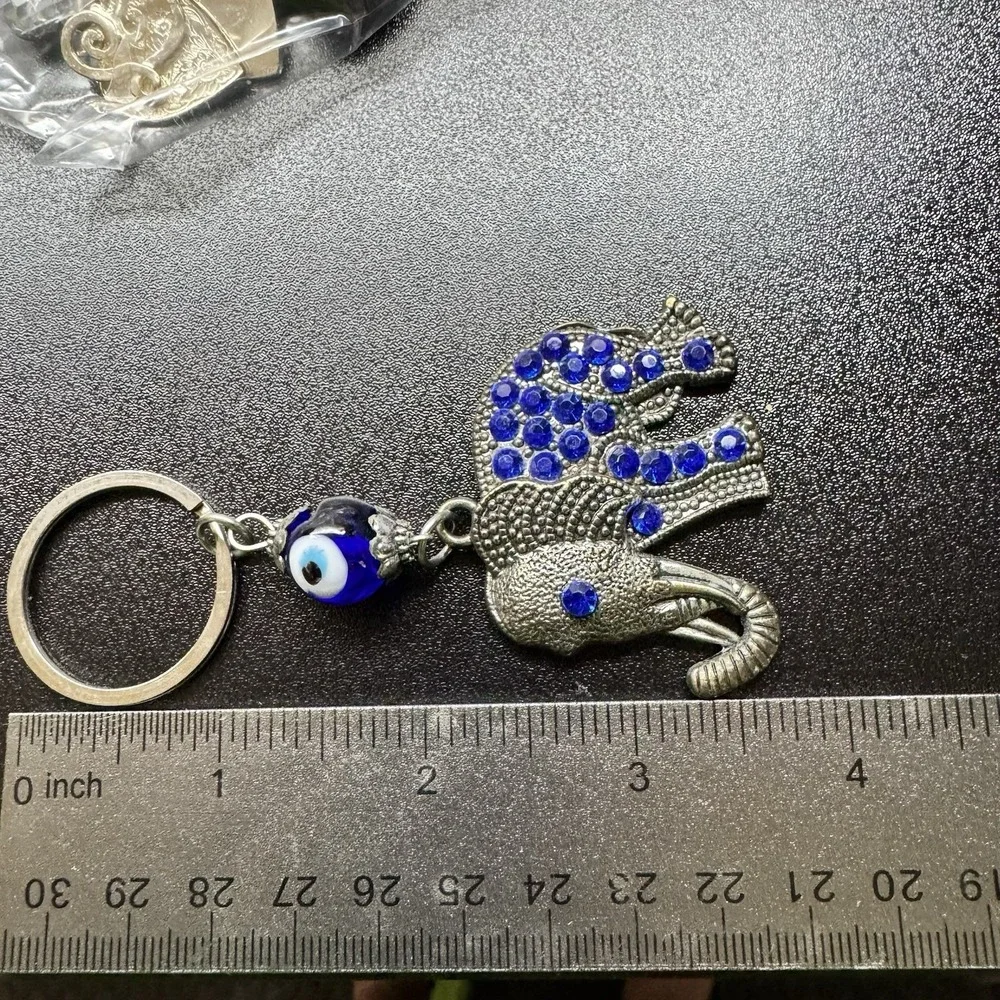 Elephant Keychain Blue Rhinestone Evil Eye Charm Silver Tone Good‎ Luck